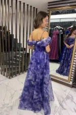 Kadın İnce Askılı Düşük Kollu Balenli Önü Drapeli astarlı Çiçekli Organze Uzun Elbise