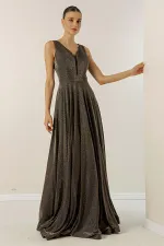 V-Neck Echo Tulle Glittery Lined Evening Dress