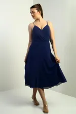 Women's Strappy Wrap Neckline Lined Lace-Up Back Flared Chiffon Dress