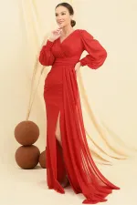 Wrap-neck, button-down sleeves, lined, pocket square, sequined long dress