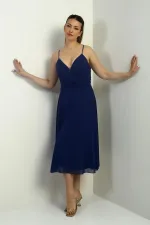 Women's Strappy Wrap Neckline Lined Lace-Up Back Flared Chiffon Dress