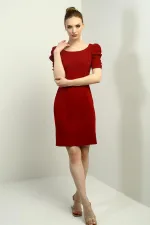 Women's Boat Neck Dress with Buttoned Sleeves, Pleated, and Zipper Back