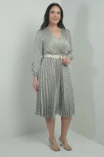 Women's Wrap Neckline Belted Lined Patterned Pleated Midi Satin BB Dress