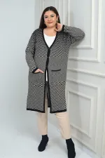 Gilet long en maille à chevrons pour femme, grande taille, avec poches