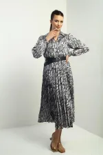 Women's Half-Front Button-Down Belted Lined Snake Pattern Pleated Midi Satin Dress