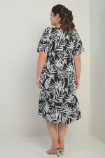 Kadın V Yaka Karışık Yaprak Desenli Cepli Eteği Fırfırlı Büyük Beden Elbise