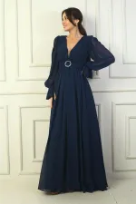 Kadın V Yaka Beli Tokalı Astarlı Şifon Uzun Abiye Elbise