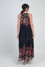 Kadın Çiçek Desenli Astarlı Plisoley Şifon Uzun Elbise