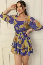 Square Neck, Waistband, Lined, Abstract Pattern, Layered Chiffon Dress