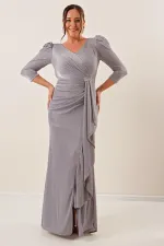 Robe longue pailletée à manches trois-quarts et volants sur le devant, grande taille