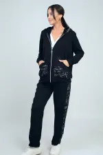 Kadın Kapüşonlu Önü Fermuarlı Cepleri Taşlı File Detaylı Hırka Beli Lastikli Pantolon Yazılı Osyho Kumaş 2'li Takım