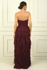 Strapless Front Stone Detail Draped Lined Side Slit Flounce Long Tulle Dress