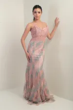 Women's Beaded and Stone Detailed Lined Underwired Long Dress with Transparent Top