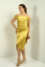 Women's Madonna Neckline Draped Asymmetrical Satin Short Dress