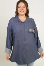Kadın Önü Fermuarlı Desenli Büyük Beden Kot Gömlek