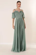 Yakası Piliseli Balon Kollu Astarlı Simli Uzun Elbise