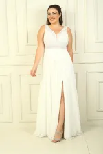 Front and Back V-Neck Top Beaded Floral Motif Lined Long Chiffon Evening Dress