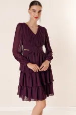 Şifon Gloplu Bel Ve Sırt Dekolteli Kat Kat Elbise