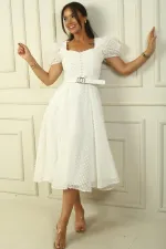 Balloon Sleeve Midi Length Lined Waist Belted Patchwork Fabric Dress