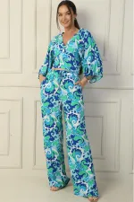 Two-Piece Set of Palazzo Pants with Elastic Waist, Pockets, Front and Back V-Neck, Crop Top, and Ethnic Pattern.