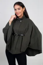 Kadın Düğmeli Beli Kemerli Kaşe Panço