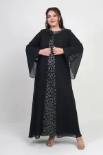 Kadın Üstü Şifon Pelerinli Pul Taş Detaylı Geometrik Desen Likralı B.B. Uzun Elbise