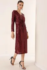 V Yaka Önü Büzgülü Astarlı Pulpayet Elbise