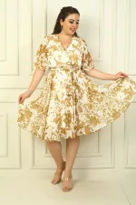 Kadın Kruvaze Yaka Volan Kollu Astarlı Beli Kuşaklı  Büyük Güllü Büyük Beden Şifon Elbise