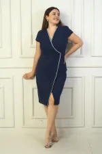 Kadın Kruvaze Yaka Yarım Ay Kollu Taş Detaylı Önü Yırtmaçlı B.B. Elbise