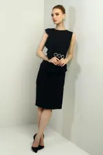 Women's Round Neck Ruffled Belted Crepe Midi Dress