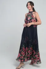 Kadın Çiçek Desenli Astarlı Plisoley Şifon Uzun Elbise