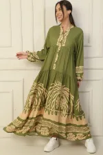 Long, half-buttoned, elasticated sleeve, printed modest dress.