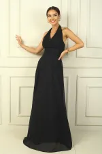 Kadın Boyundan Bağlamalı Taş Baskılı Astarlı Uzun Tül Elbise