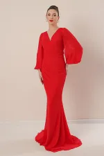 Kruvaze Yaka Önü Büzgülü Astarlı Uzun Şifon Elbise