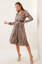 Wrap Neckline Patterned Belted Lined Pleated Satin Dress