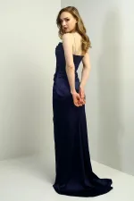 Kadın Parlak İp Askılı Derin Yırtmaçlı Önü Büzgülü Pileli Uzun Saten Abiye Elbise