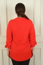 Women's Plus Size Crepe Satin Shirt with Folded Sleeves and Stone Details