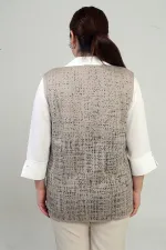 Kadın Önü Metal Düğmeli Celi Kazayağı Desenli Büyük Beden Kısa Triko Yelek