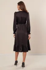 Wrap Neck, Drawstring Waist, Lined Satin Dress