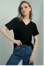 Women's V-Neck Short-Sleeve Blouse with Slit