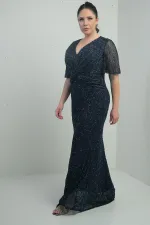 Kadın V Yaka Astarlı Önü Düğüm Detaylı Boru Boncuk İşlemeli Büyük Beden Uzun Elbise