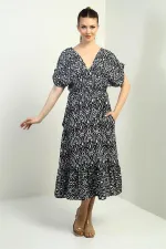 Women's Front and Back V-Neck Batwing Sleeve Pocketed Ethnic Pattern Ruffled Dress