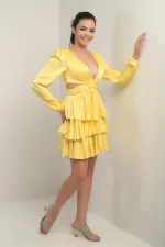 Kadın Ön Arka V Yaka Bel Dekolteli Astarlı Kat Kat Saten Kısa Elbise