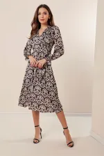 Wrap Neckline Pleated Dress with Drawstring Waist, Lined, Patterned Satin Dress