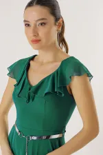 Flounced Collar, Belted Waist, Lined Long Chiffon Dress