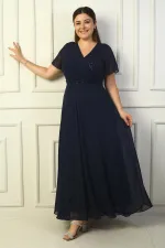 Kadın Kruvaze Yaka Önü Düğümlü Pulpayet Detaylı Astarlı Büyük Beden Uzun Şifon Elbise