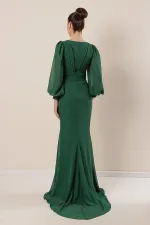 Double-Breasted Front Pleated Lined Long Chiffon Dress