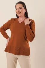 V Yaka Kolları Modelli Yanları Yırtmaçlı Büyük Beden Akrilik Kazak