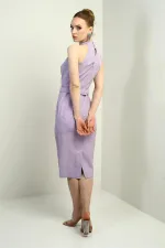 Women's Embellished Cross Neck Belted Midi Crepe Dress