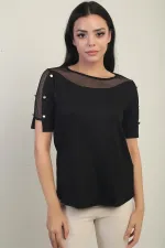 Women's Blouse with Mesh Shoulder and Button Detail, Made of Lycra